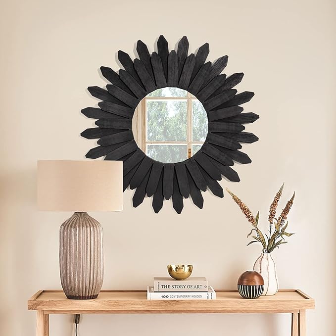Honiway 21 inch Black Wall Decor Vintage Mirror, Boho Style, Wooden Frame, Easy to Hang, Ideal Gift-Ruum Studio Home