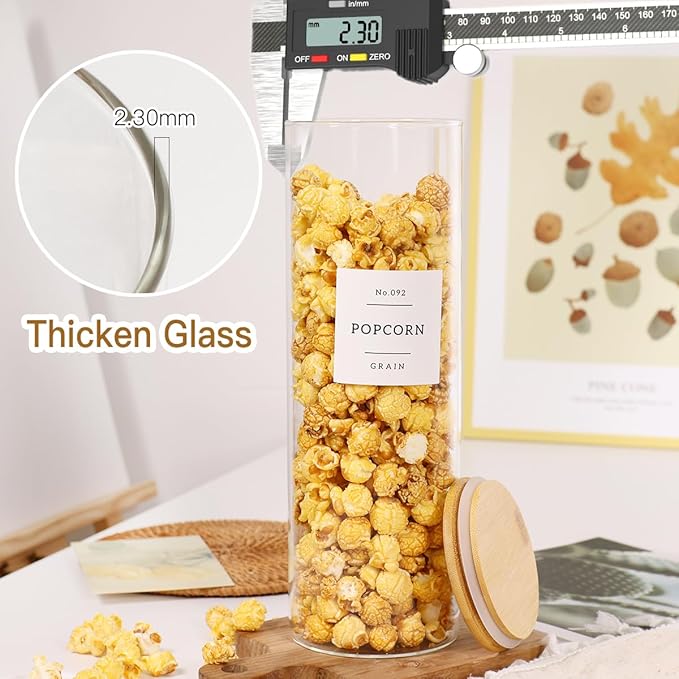 3 Pack Glass Jar with Airtight Bamboo Lid and White 132 Kichen Pantry Labels Preprinted - 70 Oz Clear Tall Glass Food Storage Containers set For Noodles Pasta Spaghetti-Ruum Studio Home