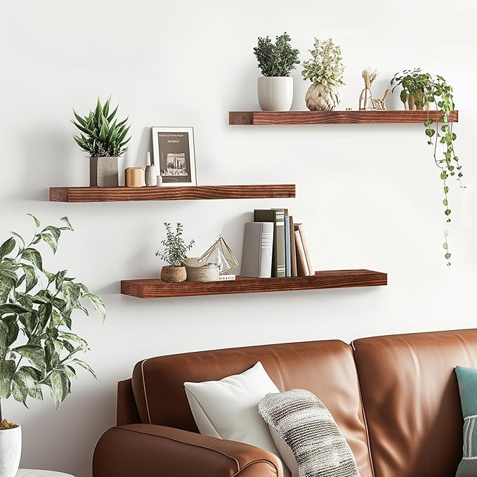 Floating Wall Shelves 3-Pack - 24-Inch Rustic Brown Wooden Shelves for Storage and Décor, Easy Installation for Living Room, Bedroom, and Kitchen-Ruum Studio Home