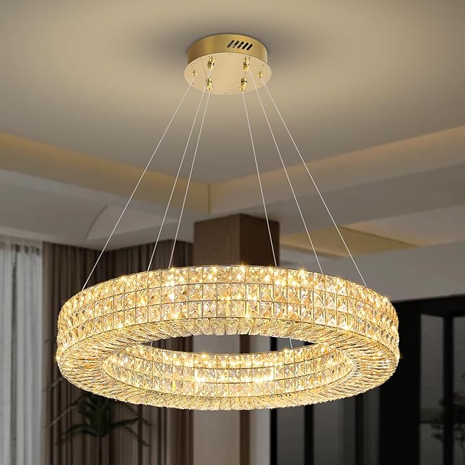 Dia 24" Modern Crystal Chandelier Gold Ring Chandelier Adjustable Height Luxury Crystal Pendant Ceiling Light Fixture for Dining Living Room Bedroom-Ruum Studio Home