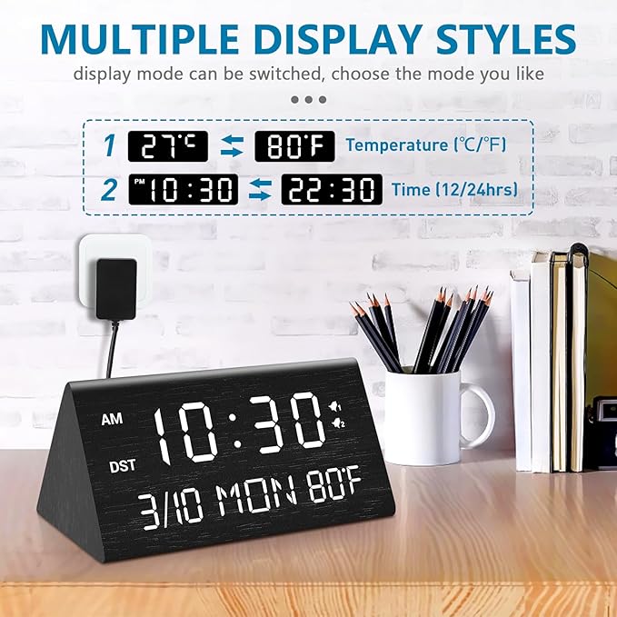 Kogonee Wooden Digital Alarm Clock, 0-100% Dimmer, 2 Alarm Settings, Weekday/Everyday Mode, 9 Mins Snooze, 12/24H, Temperature and Date Display for Office, Travel, Bedroom Alarm Clock (Black)-Ruum Studio Home