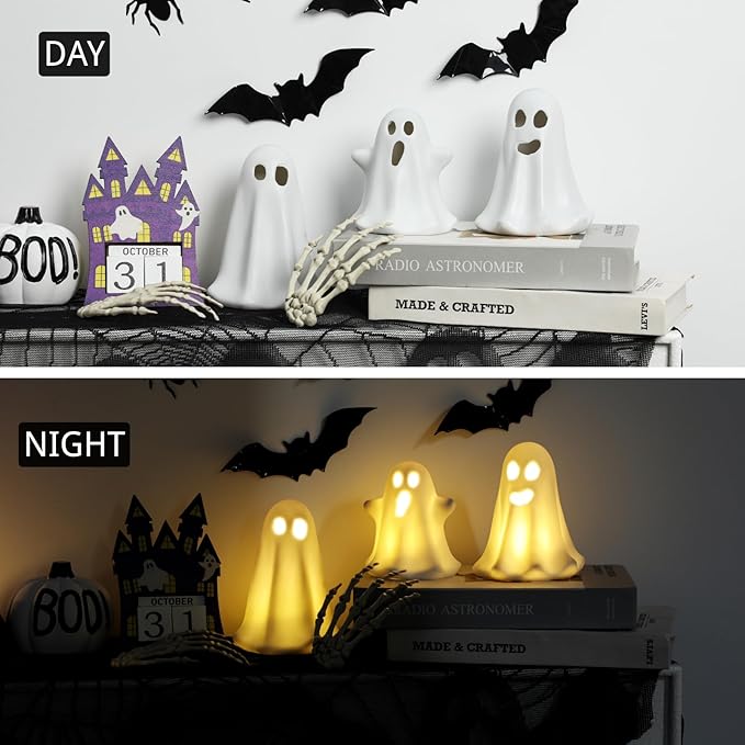 3 Pack Halloween Ceramic Ghost Decor, Light Up Ghost Halloween Decor, Cute Ghost Figurines for Table Tray Fireplace Home Indoor Decoration-Ruum Studio Home