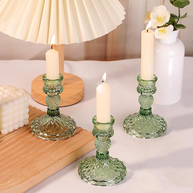 12Pcs Green Candlestick Holders Set- 4" H Taper Candle Holders Bulk, Glass Candle Holders for Wedding, Party, Romantic Dinner Table Centerpieces, Festival Gifts & Windowsill Decor-Ruum Studio Home