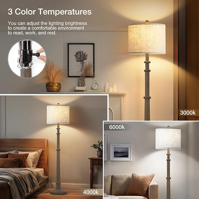 Floor Lamps for Living Room - 60" Resin Farmhouse Floor Lamp with 3 Color Temperatures - Vintage Standing Lamp Reading Light with Linen Shade Retro Tall Lamp for Bedroom Office, Grey-Ruum Studio Home