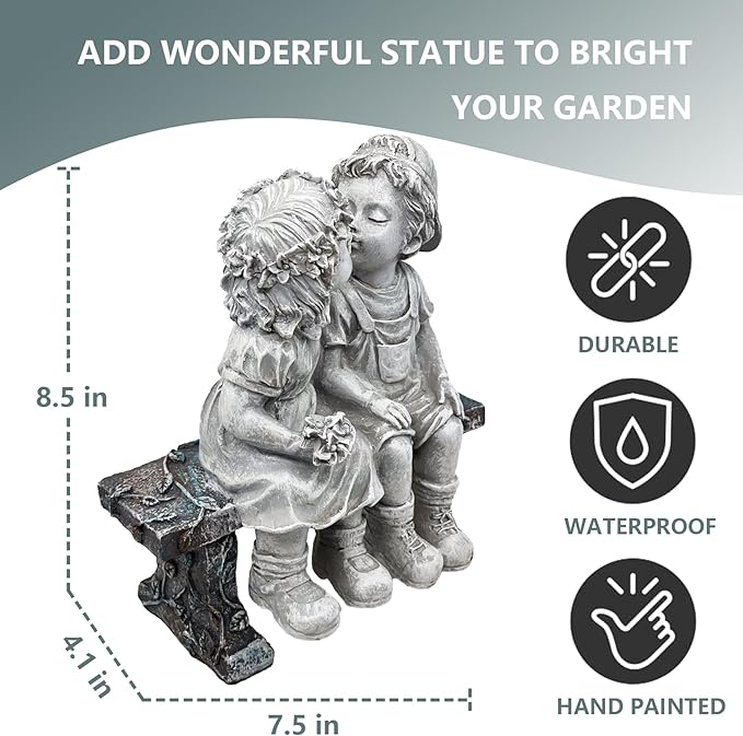 Elenon Boy and Girl Garden Statue Outdoor Decorative, Couple First Kiss Garden Sculpture for Yard Patio Art Flower Bed Decoration, 8 1/4" L x 4 3/4" W x 9" H-Ruum Studio Home