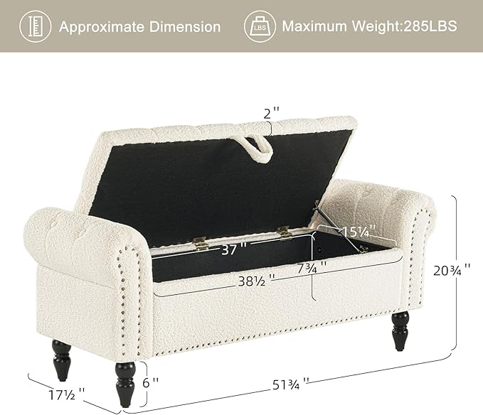 Furniliving Modern Storage Ottoman Bench, Sherpa Ottoman End of Bed Bench with Solid Wood Legs Upholstered Ottoman Benches with Storage Indoor Bench for Living Room with Rolled Arm, Entryway, White-Ruum Studio Home