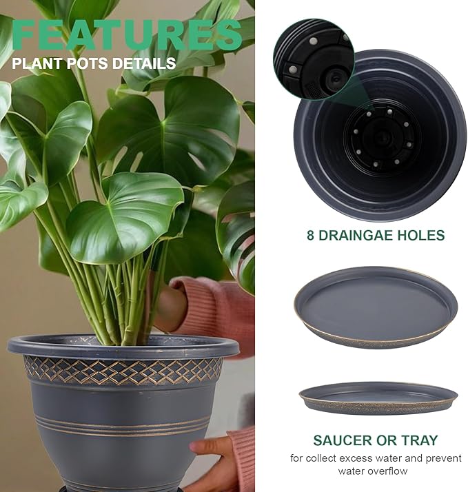 10 Inch 4 Pack Large Plant Pots, Plastic Flower Pot for Indoor & Outdoor with Drainage Holes & Saucer, Plaid Pattern Planters Garden Pots for Herbs-Ruum Studio Home