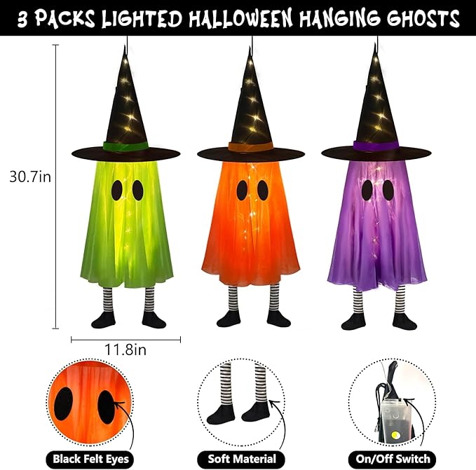 DAZONGE Halloween Decorations Outdoor, 3 Packs Hanging Ghost Halloween Decor with String Lights Battery Operated, Ghost Decor with with Hat for Home Yard Porch-Ruum Studio Home