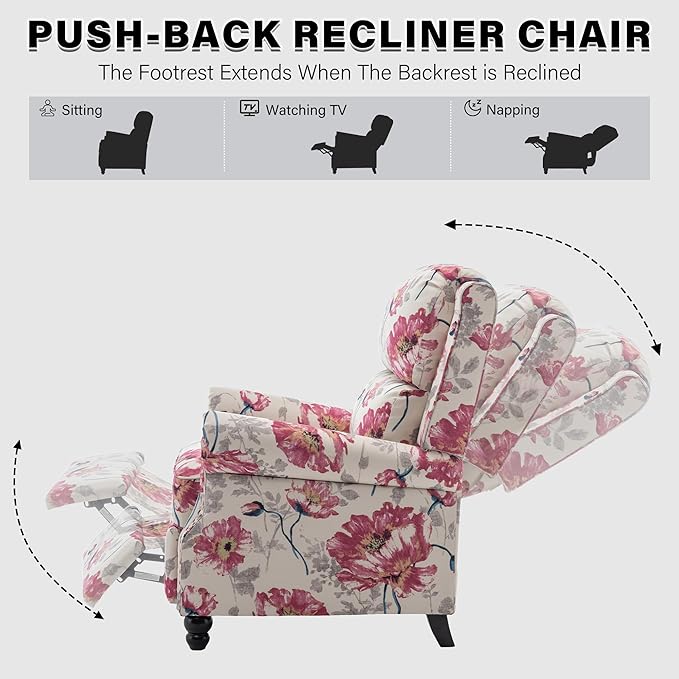 UIXE Pushback Recliner Chair, Fabric Armchair Push Back Accent Chair, Rivet Trim Club Chair Home Theater Overstuffed Single Sofa Reading Seat for Living Room, Pattern-Ruum Studio Home