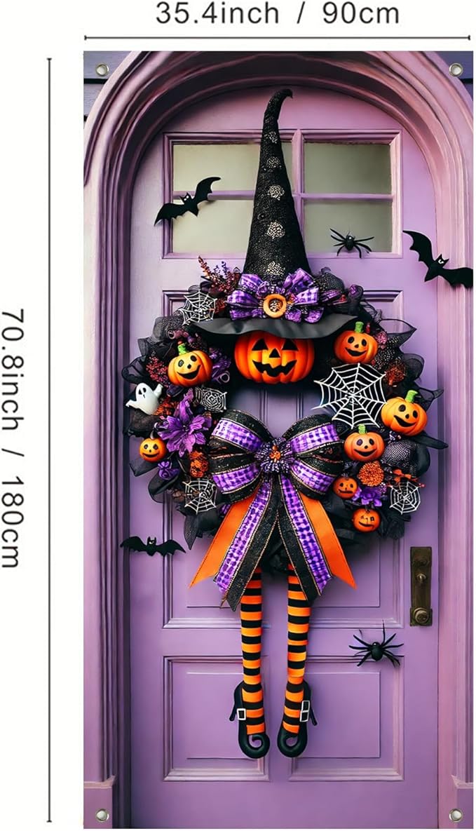 Halloween Witch Wreath Door Cover 71x35 Inch Holiday Front Porch Door Banners Decoration Purple Pumpkin Spider Web Bat Background Hanging Banner for Indoor Outdoor Spooky Party Decor-Ruum Studio Home