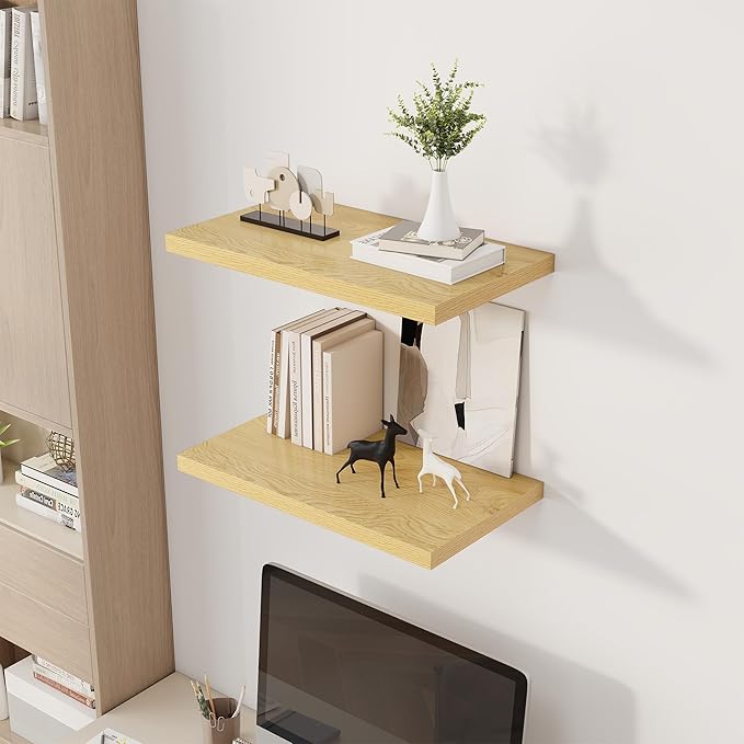 24" Floating Shelves for Wall, 12" Deep Slim Oak Floating Shelves, Wall-Mounted Shelves for Bedroom, Living Room, Kitchen, Bathroom - Set of 2-Ruum Studio Home