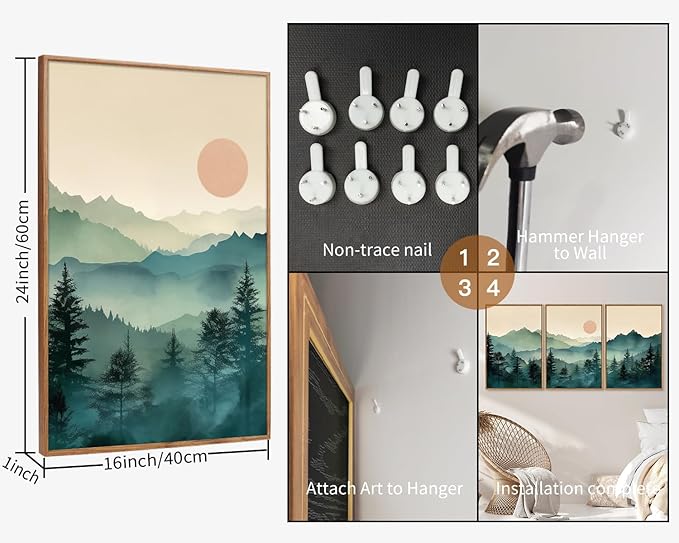 SIGNINART Large Mountain Framed Canvas Wall Art Set, Abstract Misty Forest Wall Decor, Foggy Nature Pine Tree Wall Painting, Modern Boho Sunrise Art Prints for Bedroom Living Room and Office 24"x36"x3-Ruum Studio Home