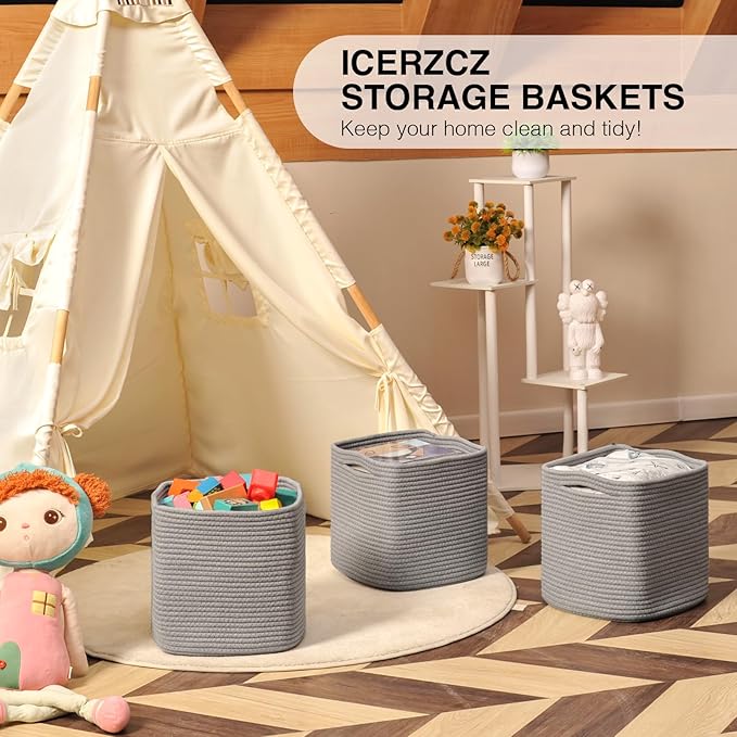 11 Inch Cube Storage Bins, Storage Cube Organizer Bins, Woven Cotton Rope Basket for Storage, Storage Baskets for Organizing Shelves, Grey Baskets for Toys Nursery, Grey (Pack of 3)-Ruum Studio Home