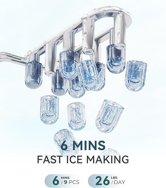 ecozy Portable Ice Maker Countertop, 9 Cubes Ready in 6 Mins, 26lbs in 24Hrs, Self-Cleaning Ice Machine with Handle/Ice Bags/Ice Scoop/Ice Basket, 2 Sizes Bullet Ice for Home Kitchen Office Bar Party-Ruum Studio Home