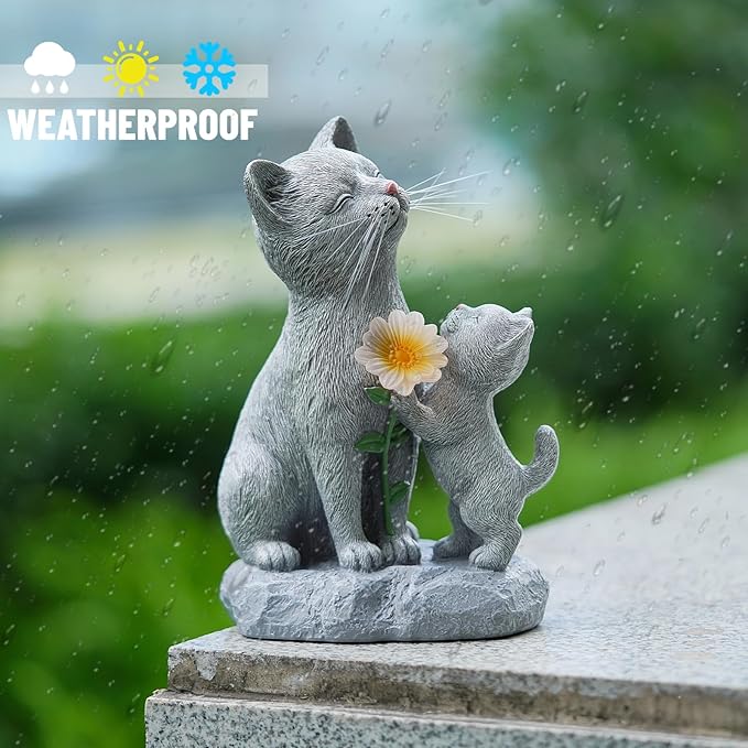 Solar Cat Garden Statue Outdoor Decor - Mother & Kitten Figurines with Flower LED Light, Outside Yard Art Patio Balcony Lawn Ornament, Unique Gifts for Cat Lover-Ruum Studio Home