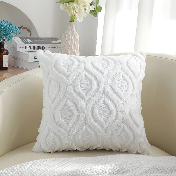 decorUhome Fall Throw Pillow Covers 22x22 Inch Set of 2, Soft Plush Decorative Faux Fur White Solid Couch Pillow Covers, Accent Farmhouse Neutral Square Euro Pillow Cases for Sofa Bed Living Room-Ruum Studio Home