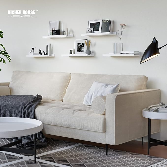 RICHER HOUSE 5 Set White Floating Shelves, Wall Mounted Shelves for Wall Decor, Modern Picture Ledge Shelf with Lip for Wall Storage Nursery, Bedroom, Living Room, Bathroom - White-Ruum Studio Home