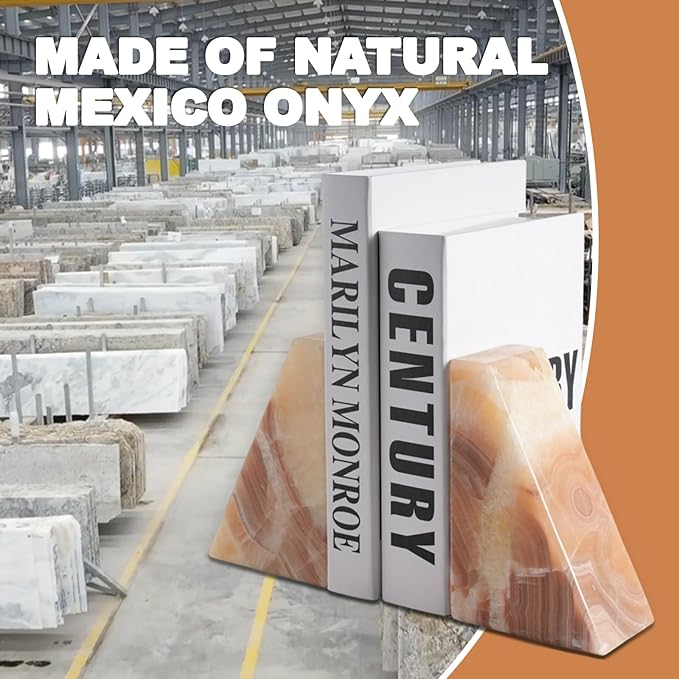 Marble Bookend for Heavy Books, Decorative Bookends for Shelves, Durable and Heavy-Duty Book End for Hardback Book & CDS, Unique Stopper & Holder, Mexico Onyx, Set of 2-Ruum Studio Home