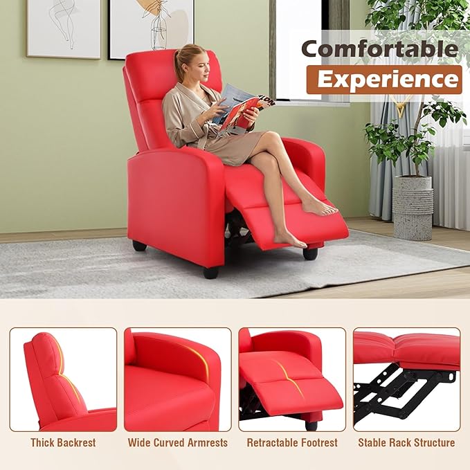 BestMassage | Recliner Chair | No Massage Function | Pu Red | with Lumbar Support, Adjustable Push Back, Wide Armrests, Footrest & Padded Seat | Easy Assembly | for Living Room, Home Theatre-Ruum Studio Home