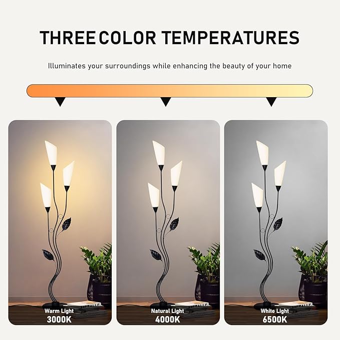 JBZ Flower Floor Lamp for Living Room, 62" Tall Pole Lamp with Foot Switch, with 3 Heads Dimmable LED Lamps for Farmhouse Rustic Bedroom Office, with Plug and 1200LM, 3 Color Temperatures E27-Ruum Studio Home