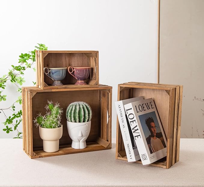 Set of 3 Nesting Wooden Crates, Rustic Wooden Storage Container Boxes with Cutout Handles, Decorative Farmhouse Wood Baskets for Display (Natural)-Ruum Studio Home