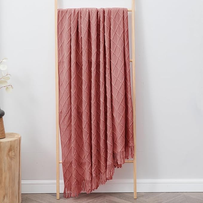 InHand Knitted Throw Blanket for Couch and Bed, Soft Cozy Knit Blanket with Tassel, Coral Pink Lightweight Decorative Throw, Farmhouse Warm Woven Throw for Men and Women, 50"x60"-Ruum Studio Home
