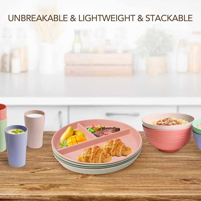 greenandlife 9 Inch (4PCS) Unbreakable Divided Plates for Kids Adults, Dishwasher & Microwave Safe Compartment Plate, Lightweight Reusable Plastic Portion Control Plates, BPA Free and Healthy-Ruum Studio Home