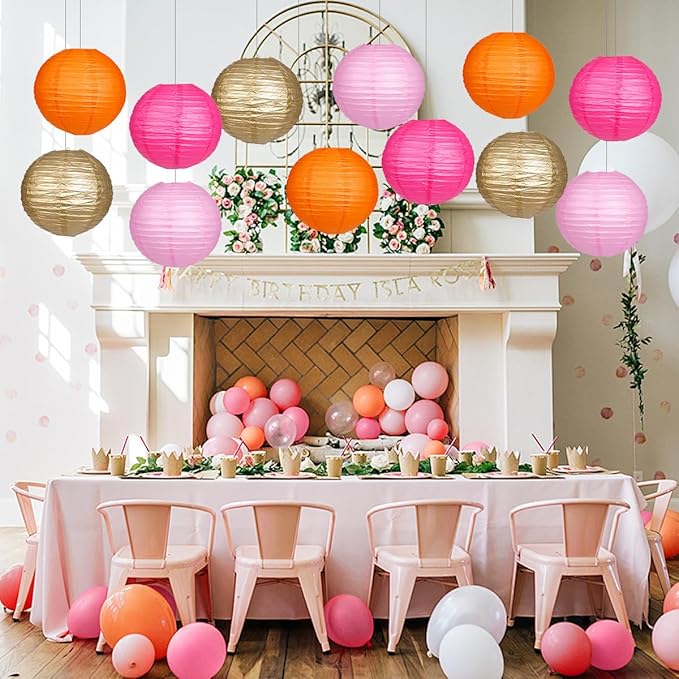 Paper Lanterns Pink Orange Gold Round Hanging Chinese Lanterns for Birthday Party Baby Shower Bridal Shower Decorations Pack of 12-Ruum Studio Home