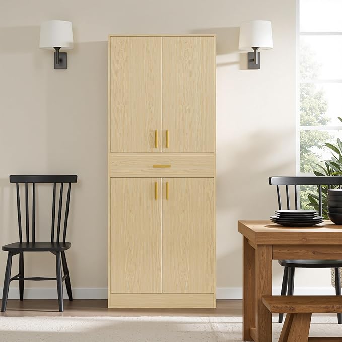 Cozy Castle Pantry Cabinet, 71" Tall Kitchen Storage Cabinet with Doors and Shelves, Freestanding Wood Cupboard Utility Hutch with Drawer for Dining Room Living Room Bathroom Furniture, Oak-Ruum Studio Home
