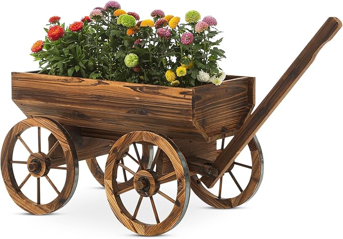 Garden Wooden Decor Rustic Flower Pot,Planters Wagon Indoor Outdoor Backyard Balcony Decor,for Outside Garden Decor Wheelbarrow Planter for Patio (Wooden Wagon)-Ruum Studio Home