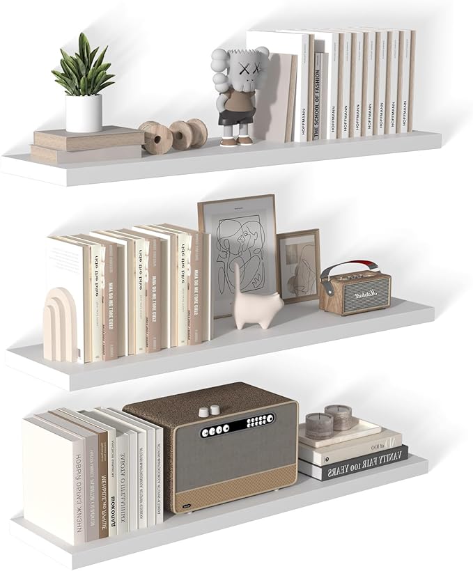 48 Inch Floating Shelf 3 Pack Large Floating Shelves for Wall No Drilling Accessories Included Deep Wall Shelves for Living Room Kitchen Farmhouse 48" W x 12" D x 1.2" White-Ruum Studio Home