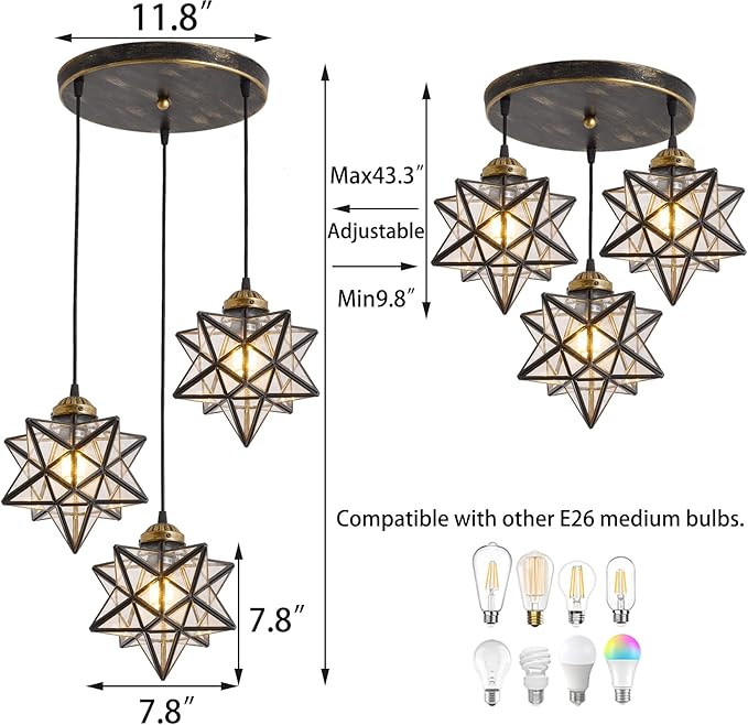 Glass Glam Chandelier Star Pendants Light Fixture Modern Elegant Ceiling Hanging Lights Included LED Warm Light Bulbs Oiled Bronze-Ruum Studio Home