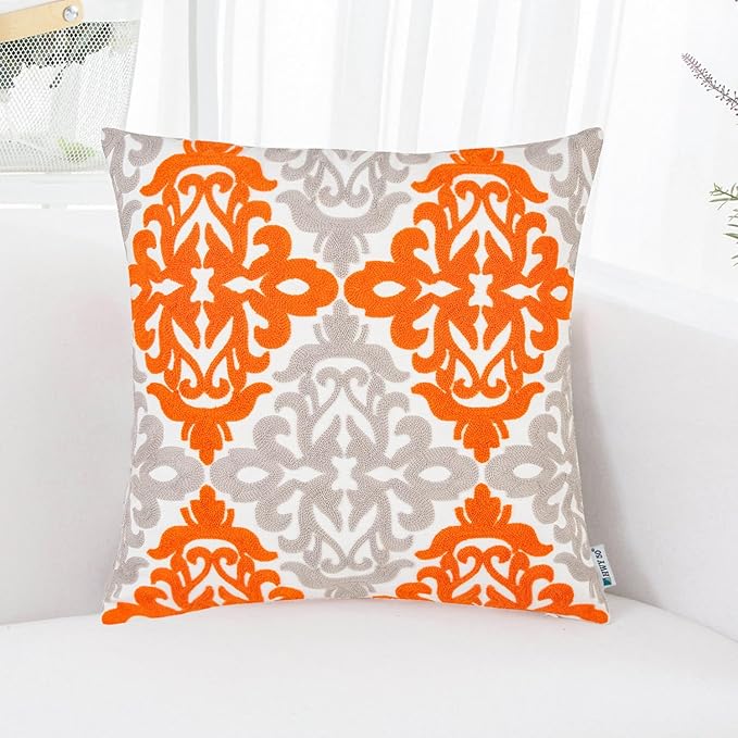HWY 50 Orange Fall Decorative Throw Pillow Covers 18x18 Inch (1 Piece), Embroidered Cotton Farmhouse Cushion Cover Pillow Case for Sofa Couch Living Room Bed Bedroon, Floral Geometric-Ruum Studio Home