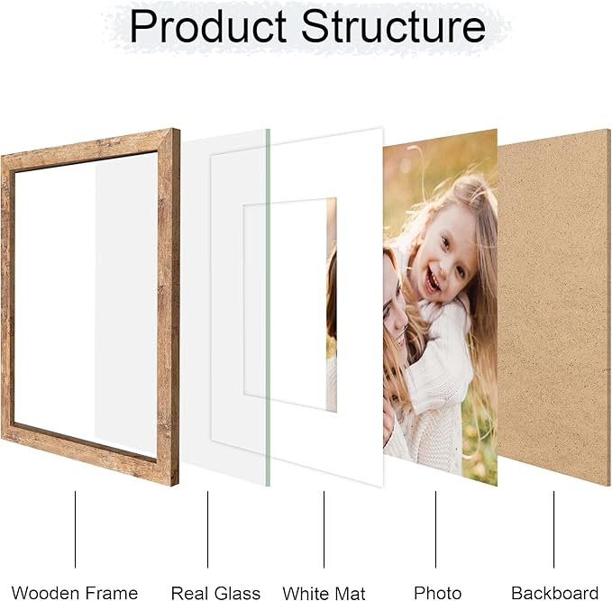 11x14 Picture Frame Set of 4, 11 x 14 Wood Photo Frames with Mat for 8x10, Natural Wooden Frame with Real Glass Cover for Wall and Tabletop Display,Brown-Ruum Studio Home