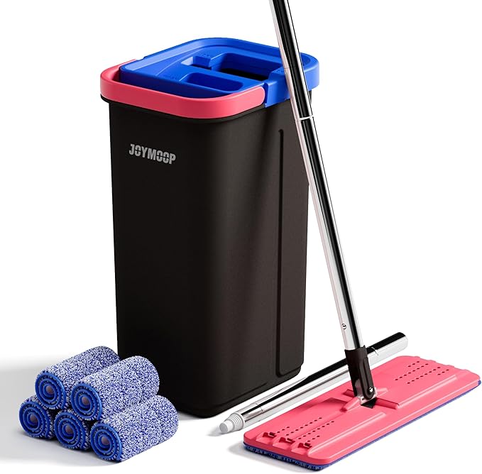 JOYMOOP Mop and Bucket Set for Home, Hands-Free Self-Cleaning System, with 5 Reusable Microfiber Mop Pads, Suitable for Floor Cleaning and Wall Cleaner - Black+Red+Slate Blue-Ruum Studio Home