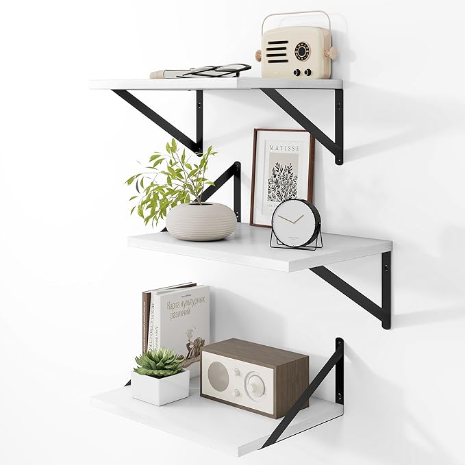 Heimlove Deep Floating Shelves for Wall, 12 Inch Deep Floating Shelves Set of 3, 16W x 12D Wood Wall Shelves, Wide Wood Shelves with Metal Bracket for Living Room, Kitchen, Office, Bedroom - White-Ruum Studio Home