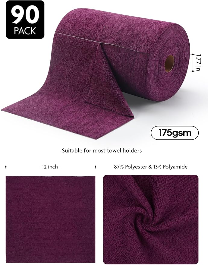 Fantasticlean Microfiber Cleaning Cloth Roll -90 Pack, Tear Away Microfiber Towels, 12" x 12", Reusable, Washable, Scratch Free, Ultra Absorbent Dish Rags for Car, Home, Garage or Shop (Deep Purple)-Ruum Studio Home