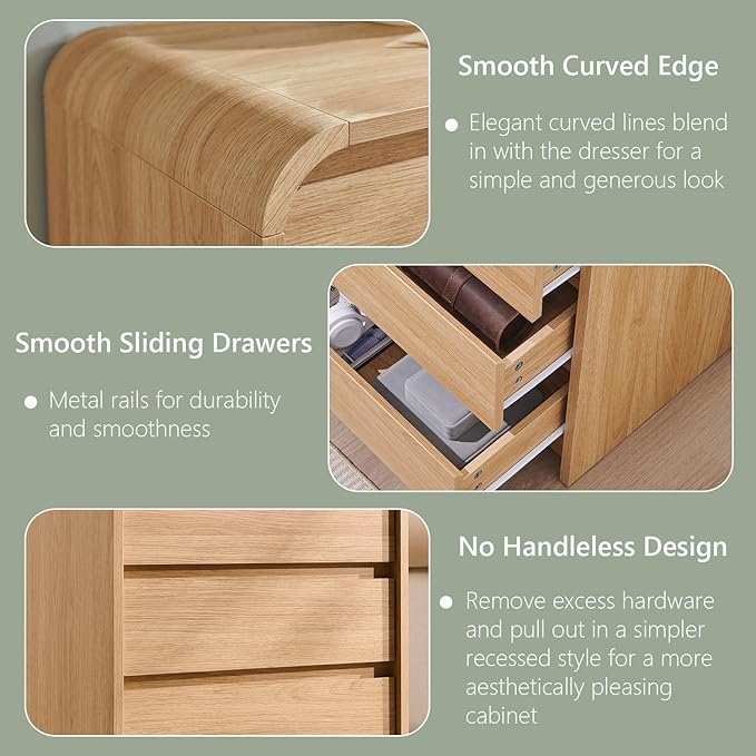 25" Tall Modern Nightstand with Charging Station, 23.6'' Wide Wood Bedside Table w/3 Storage Drawers, Small Dresser w/Curved Profile Design, End Table for Bedroom, Natural Oak-Ruum Studio Home