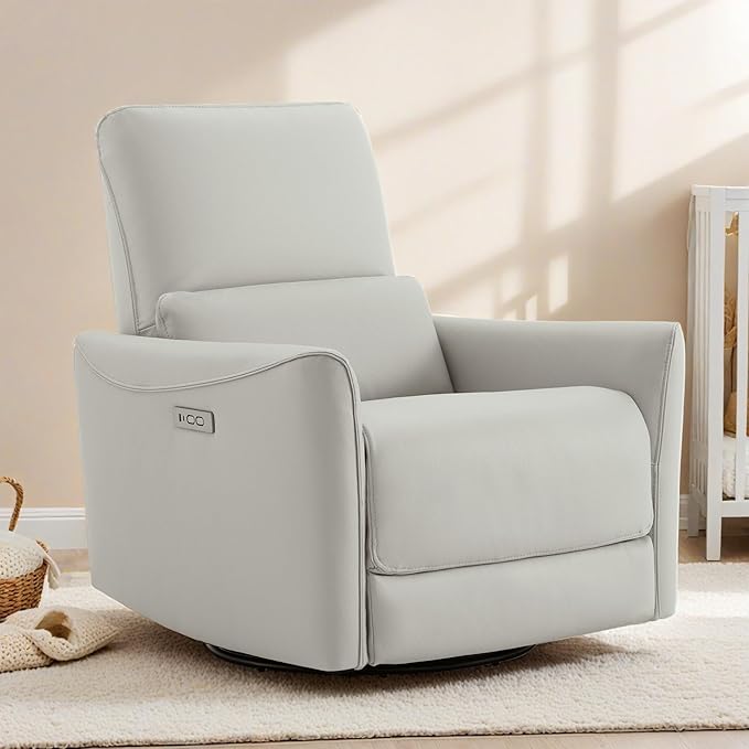 CHITA Power Recliner Chair Swivel Glider, FSC Certified Upholstered Faux Leather Living Room Nursery Reclining Sofa Chair with Lumbar Support, Cream-Ruum Studio Home