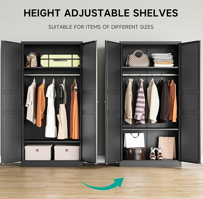 SISESOL Metal Wardrobe Cabinet with Hanging Rod,Black Armoire Wardrobe Closet,Metal Clothing Storage Cabinet with Adjustable Shelves and Doors,72" Cloth Storage Cabinets for Home,Living/Laundry Room-Ruum Studio Home
