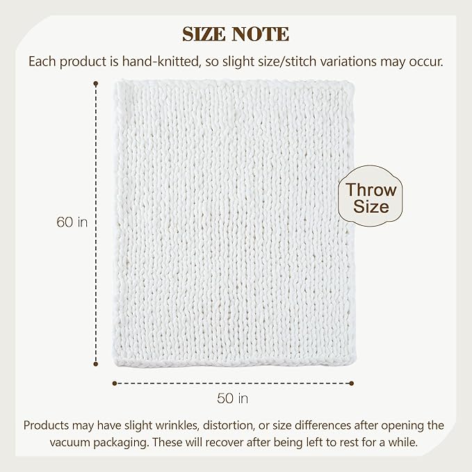 Carriediosa Chunky Knit Throw Blanket 50" X 60", 100% Hand Made Large Chenille Loop Yarn Soft Fluffy Throws for Couch Sofa Bed, Big Crochet Cozy Heavy Thick Cable Woven Blankets, Snow White-Ruum Studio Home