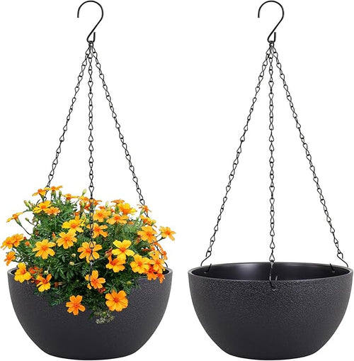 10 inch Hanging Planters for Indoor Outdoor Plants, 2 Pack Hanging Flower Pots with Drainage Holes and Chain for Garden Porch Plants, Round Plastic Hanging Baskets for House Plants, Black-Ruum Studio Home
