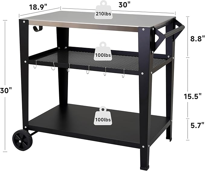 Stainless Steel Outdoor Grill Cart with Wheels, Heavy-Duty 3-Tier BBQ Prep Table for Pizza Oven, Griddle, Patio – Rustproof Commercial Kitchen Cart with Tool Hooks-Ruum Studio Home