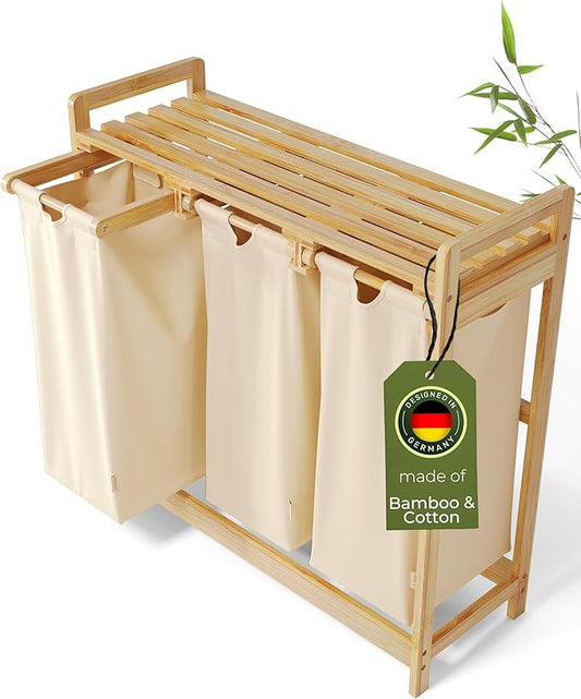 Laundry Hamper 3 Section beige - Large Bamboo Laundry Sorter with Removable Cotton Bags -Three Compartment Organizer for Clothes - Durable, Eco-Friendly, and Stylish Storage Solution for Home-Ruum Studio Home