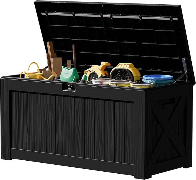 JUMMICO 120 Gallon Resin Deck Box, Large Outdoor Storage Box Waterproof & Lockable for Garden, Patio, Pools (Black)-Ruum Studio Home