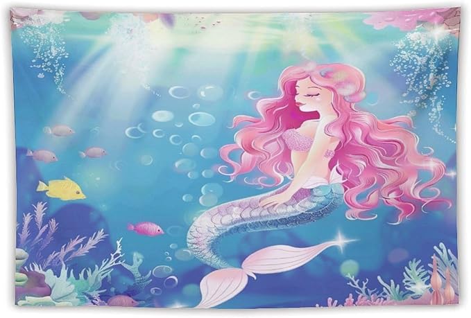 HZOHNAGO Mermaid Girls Tapestry Watercolor Mermaid Princess Pink Hair Pattern for Kids Room Decoration Printed Wall Tapestry Wall Hanging for Bedroom Living Room Dorm 60" W x 40" H-Ruum Studio Home