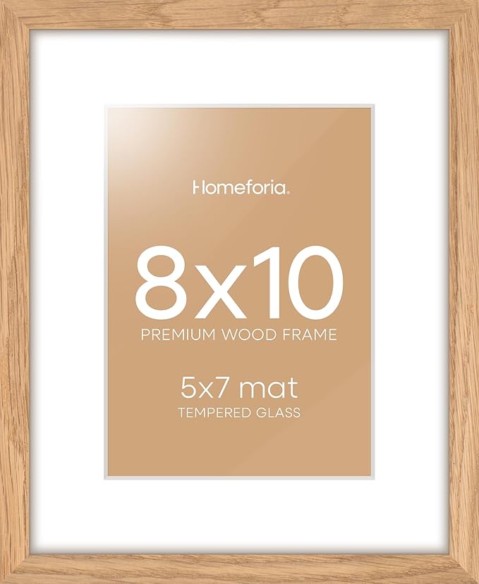 Homeforia 8 x 10 Wood Picture Frame, High End Natural Oak 8x10 Light Wooden Frames with Mat 5x7 inch Photo, 8 x 10 Frame Matted to 5 x 7 Art, Wall or Tabletop Frame, Tempered Glass, Wall Kit, Set of 1-Ruum Studio Home