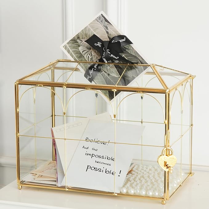Glass Card Box with Slot, 10.2 inch Large Gold Clear Card Box for Wedding Receptions, Decorative Storage Box with Lock for Baby Shower, Birthday Party, Bridal Shower-Ruum Studio Home