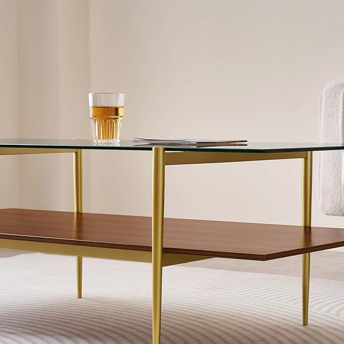X-Large Rectangle Glass Coffee Table, Mid-Century Modern Design, for Living Room, L47 x W24 x H17 Inch, Clear Glass Top and Walnut MDF Shelf, Sleek Conical Legs with Gold Finish Frame-Ruum Studio Home