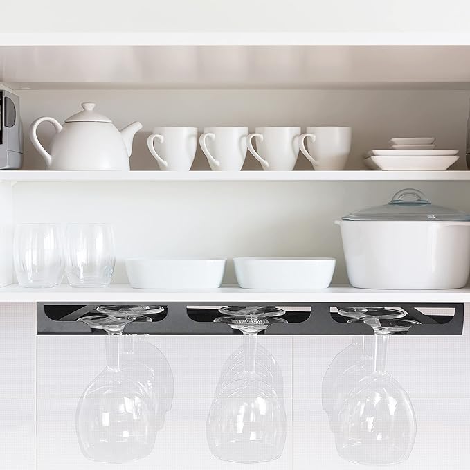 Wine Glass Rack - Under Cabinet Stemware Wine Glass Holder Glasses Storage Hanger Metal Hanging Organizer for Bar Kitchen 3 Rows Black-Ruum Studio Home
